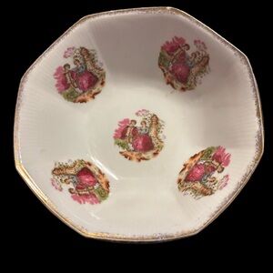 Vintage Victorian Courting Couple Octagonal Bowl  8" Across 3” Tall Gold Trim